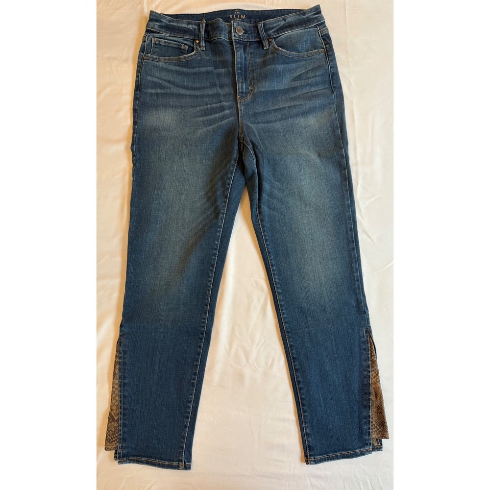 White House Black Market Slim Crop Jeans Size 6 Blue Snakeskin Slit Hem
